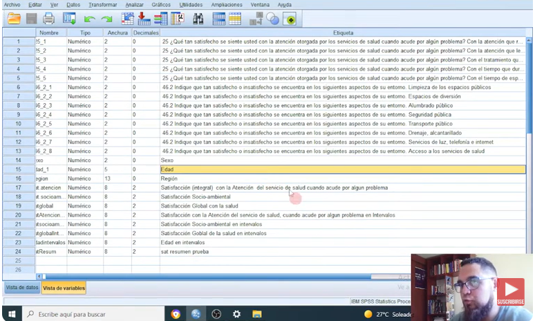Configuración de etiquetas y niveles de medida en la vista de variables de SPSS - Mg. Javier Villar.
